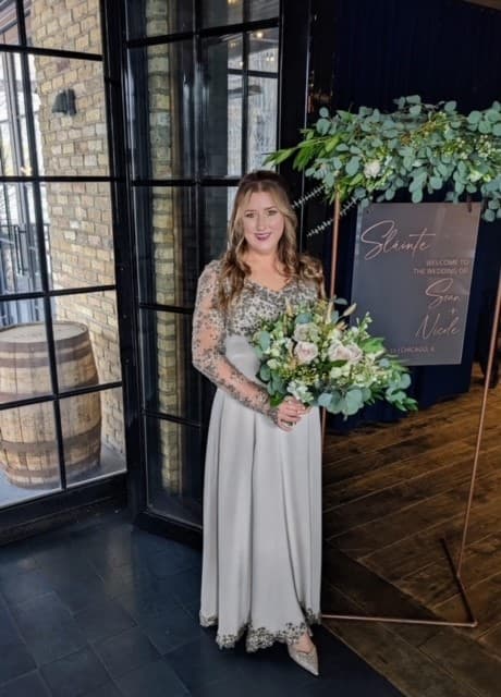 Nicole K. in her custom Nicole Pink wedding gown